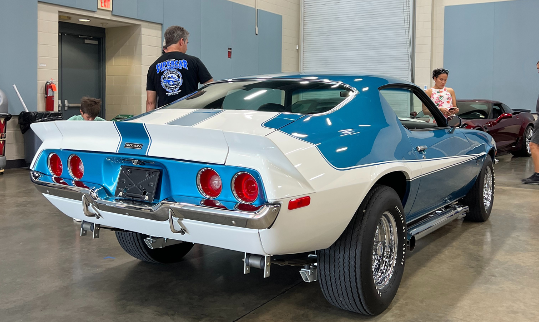 Blue and white muscle car