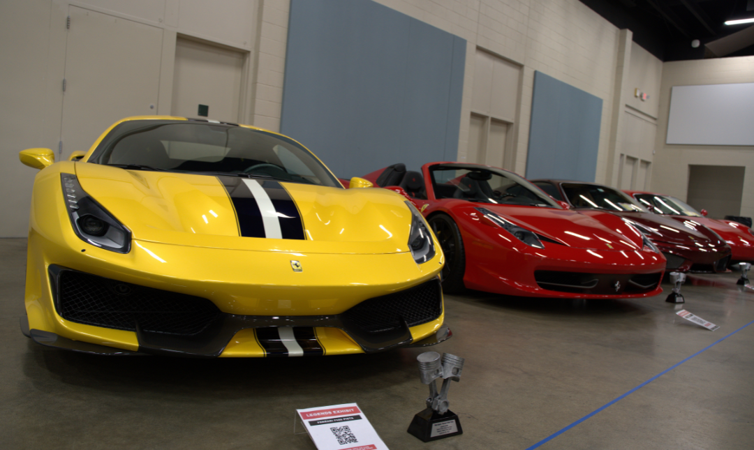 line up of colorful sports cars at hood level