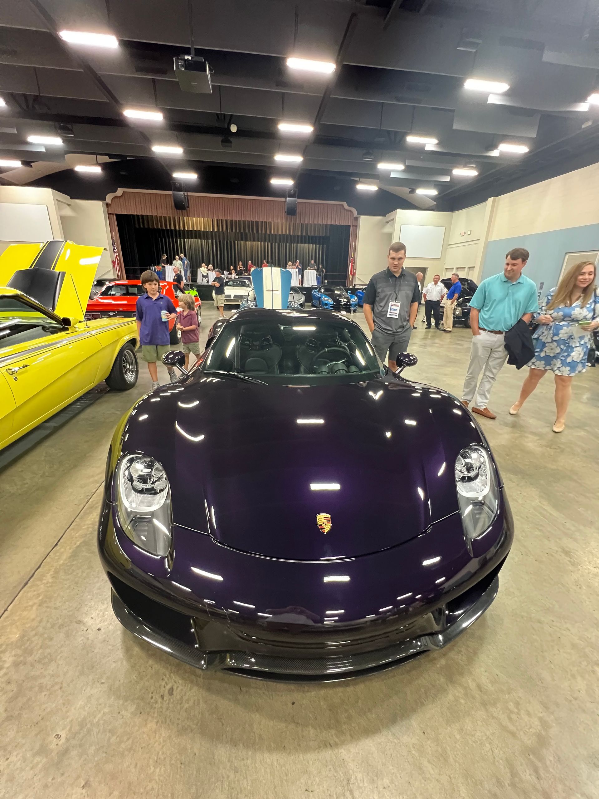 Hood view of purple Porsche sports car