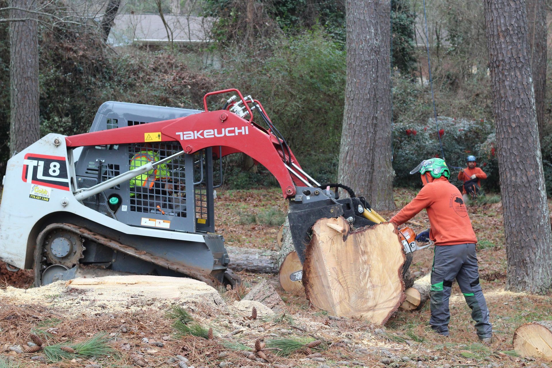 Skid steer with a tree shear and a person using a chainsaw cutting a tree. Outdoor setting.