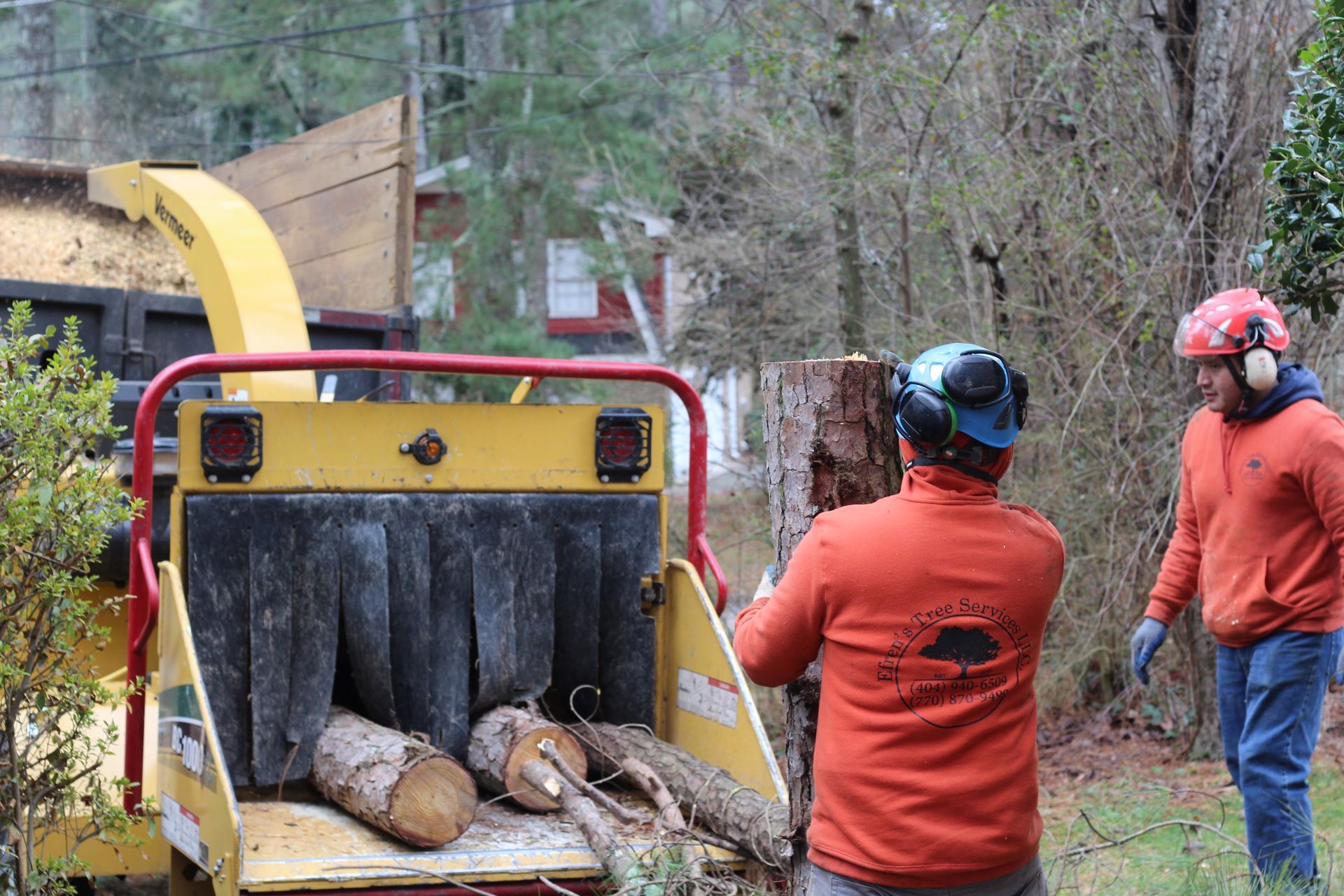 Two workers feeding logs into a yellow wood chipper in a yard, trees and house in the background.