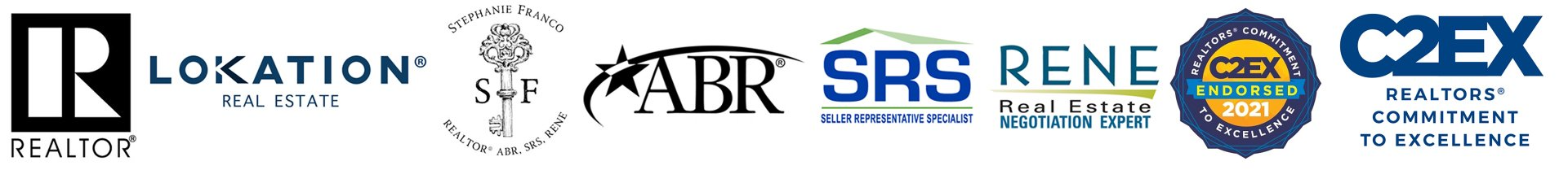 A banner displaying real estate industry logos: REALTOR, LOKATION, ABR, SRS, RENE, CRS, and C2EX.