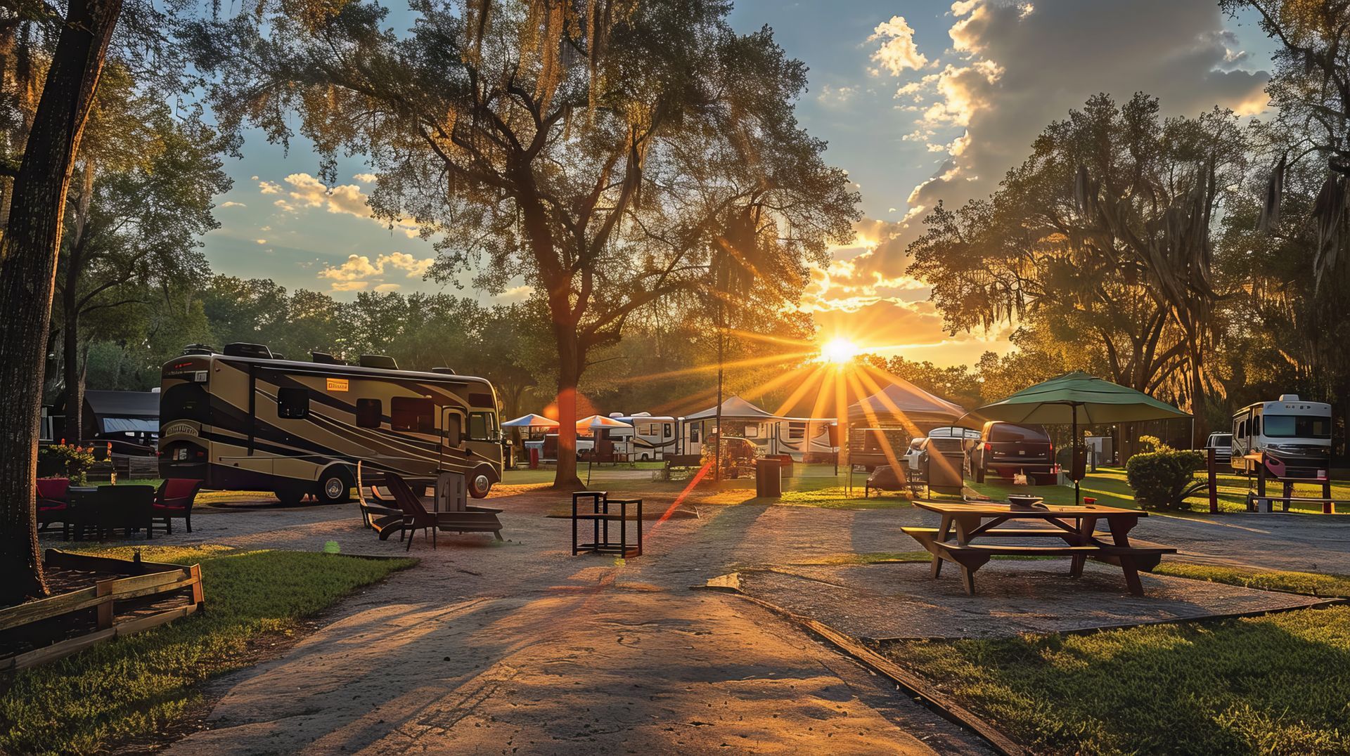 RV park at sunset, sun shining through trees. Picnic tables and RVs visible.