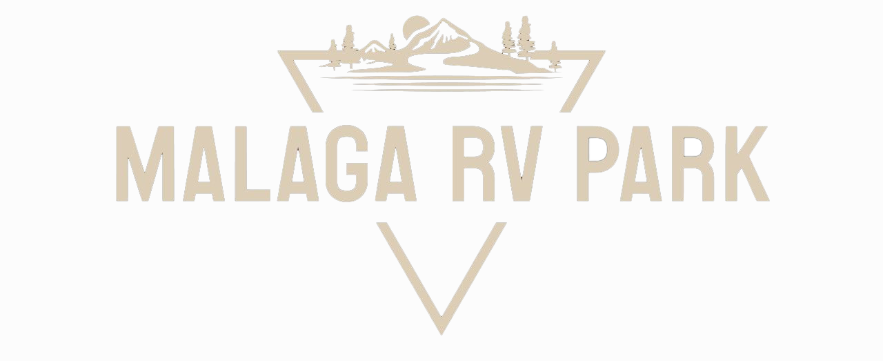 Malaga RV Park logo with a mountain and trees inside a triangle.