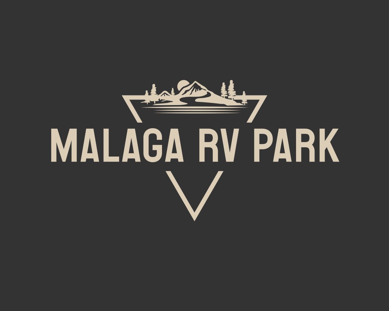 Logo for Malaga RV Park featuring a mountain range and trees within a downward-pointing triangle.