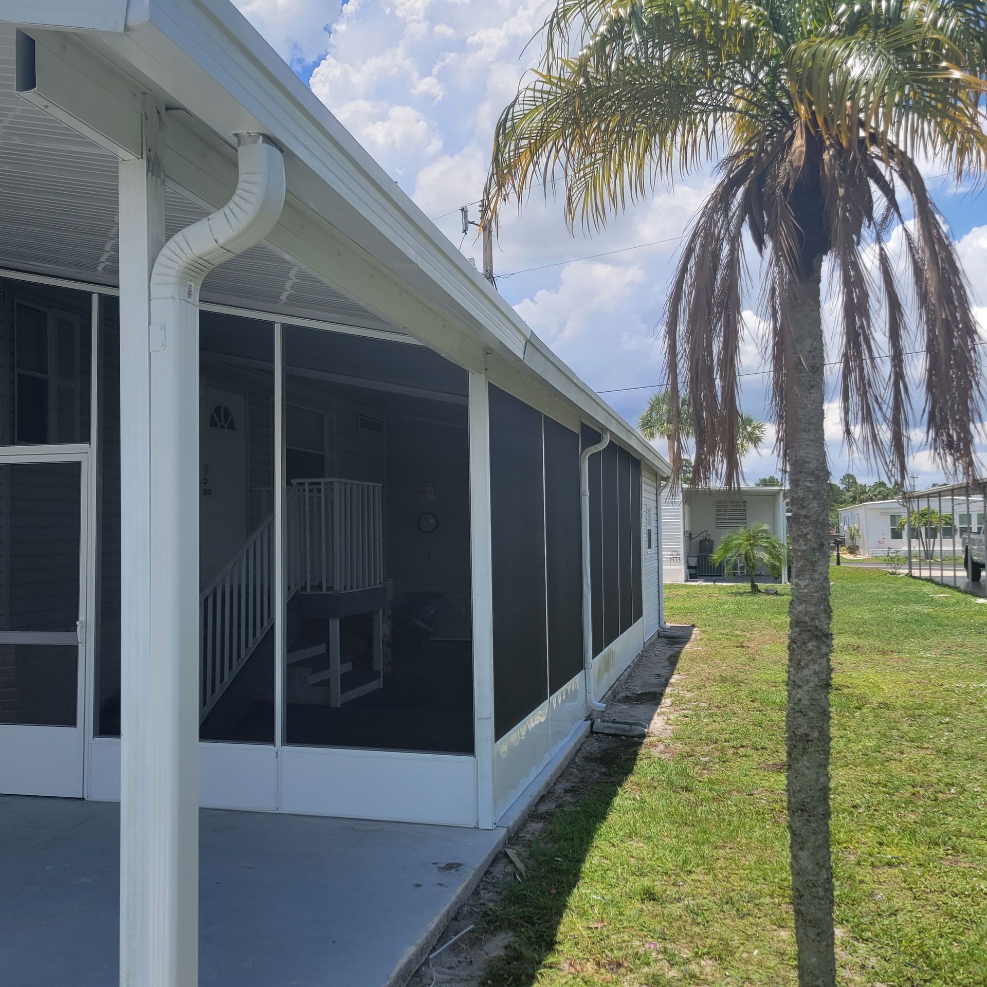A screened in porch with a palm tree in the background