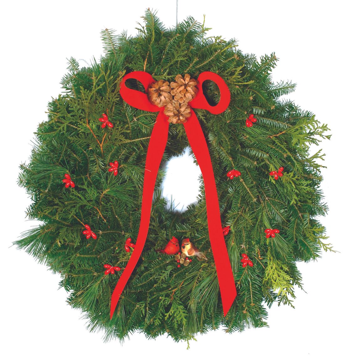 Vermont hand crafted wreaths with two birds, red flowers, and red ribbon