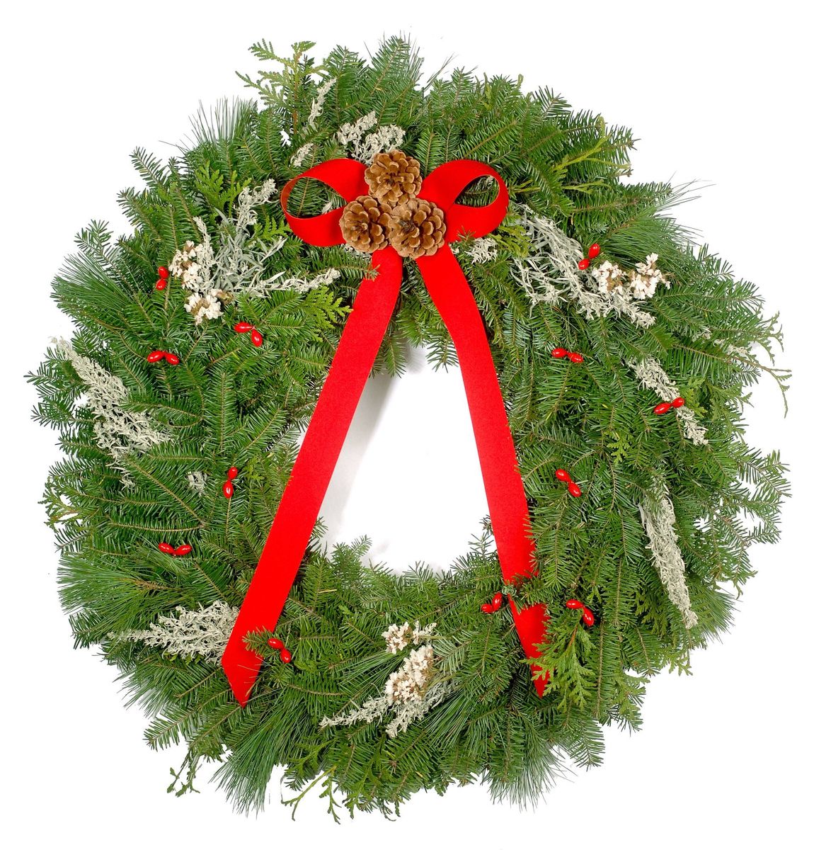 Vermont hand crafted wreaths with white sprigs, red flowers, and red ribbon