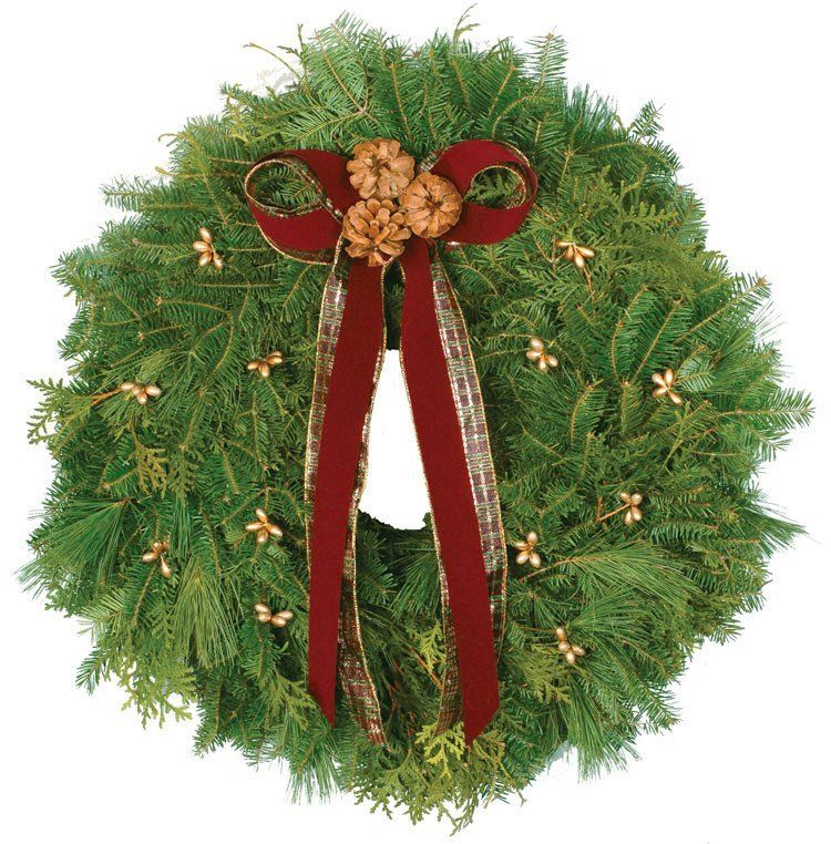 Vermont hand crafted wreaths with gold flowers, red and plaid ribbon