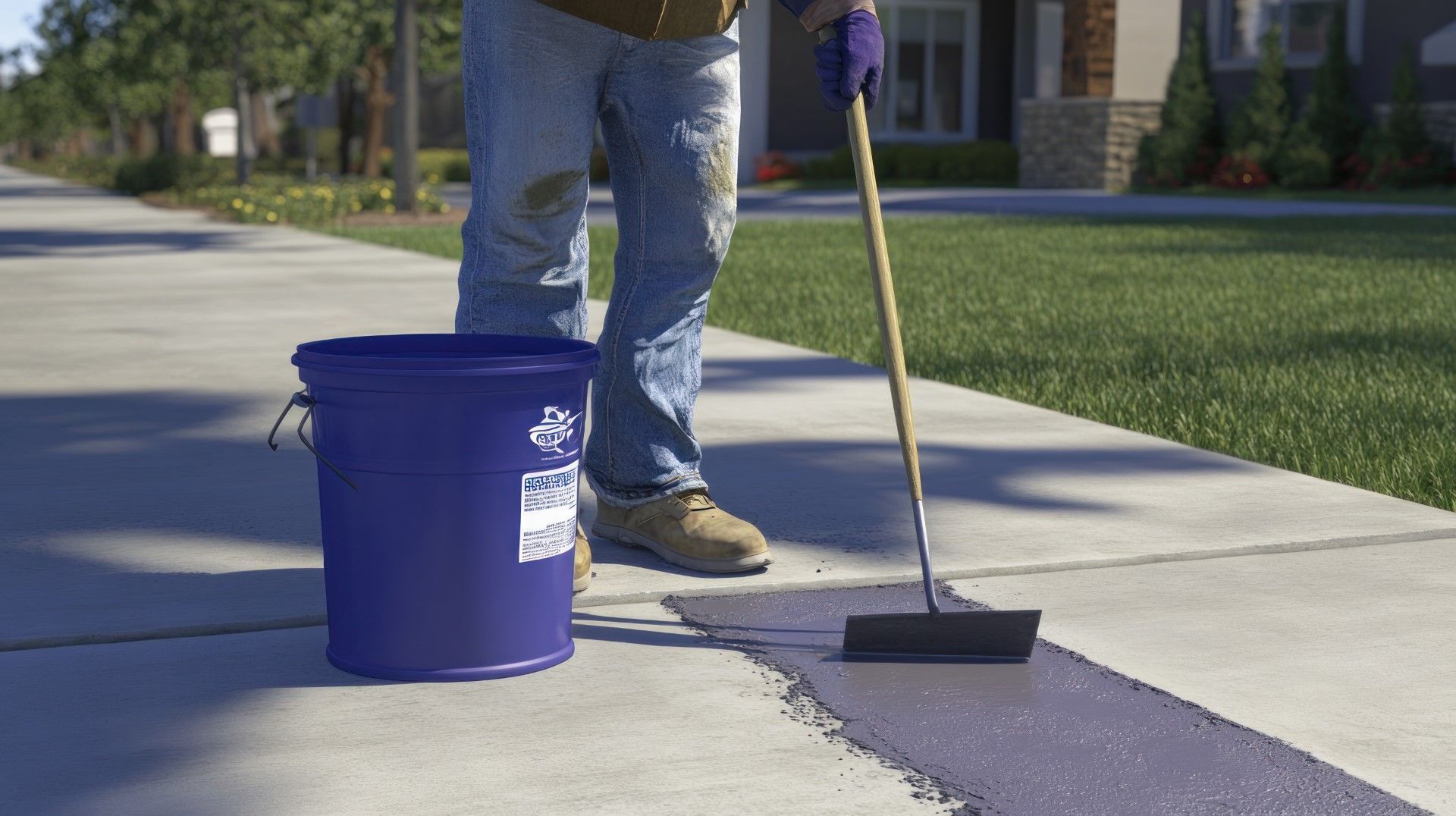A person applying sealant to a sidewalk with a squeegee. Blue bucket nearby. Outdoors, sunny.