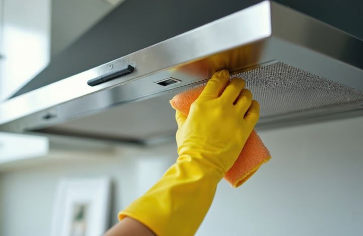 Gloved hand wiping a stainless steel range hood with an orange cloth