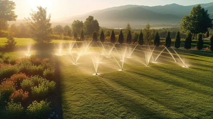 A picture of sprinklers watering a lawn with mountains in the background.