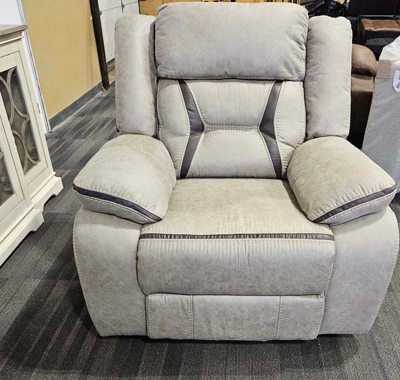 Gray upholstered recliner chair with dark gray accents.