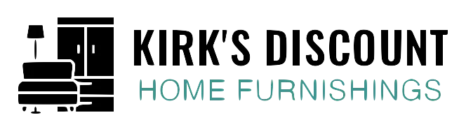 Logo for Kirk's Discount Home Furnishings, featuring furniture icon and text in black and teal.