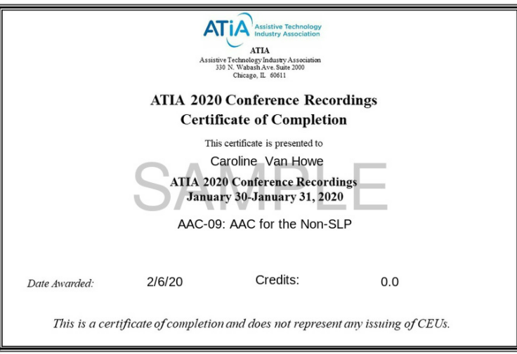 sample certificate of completion for ATIA conference recordings.
