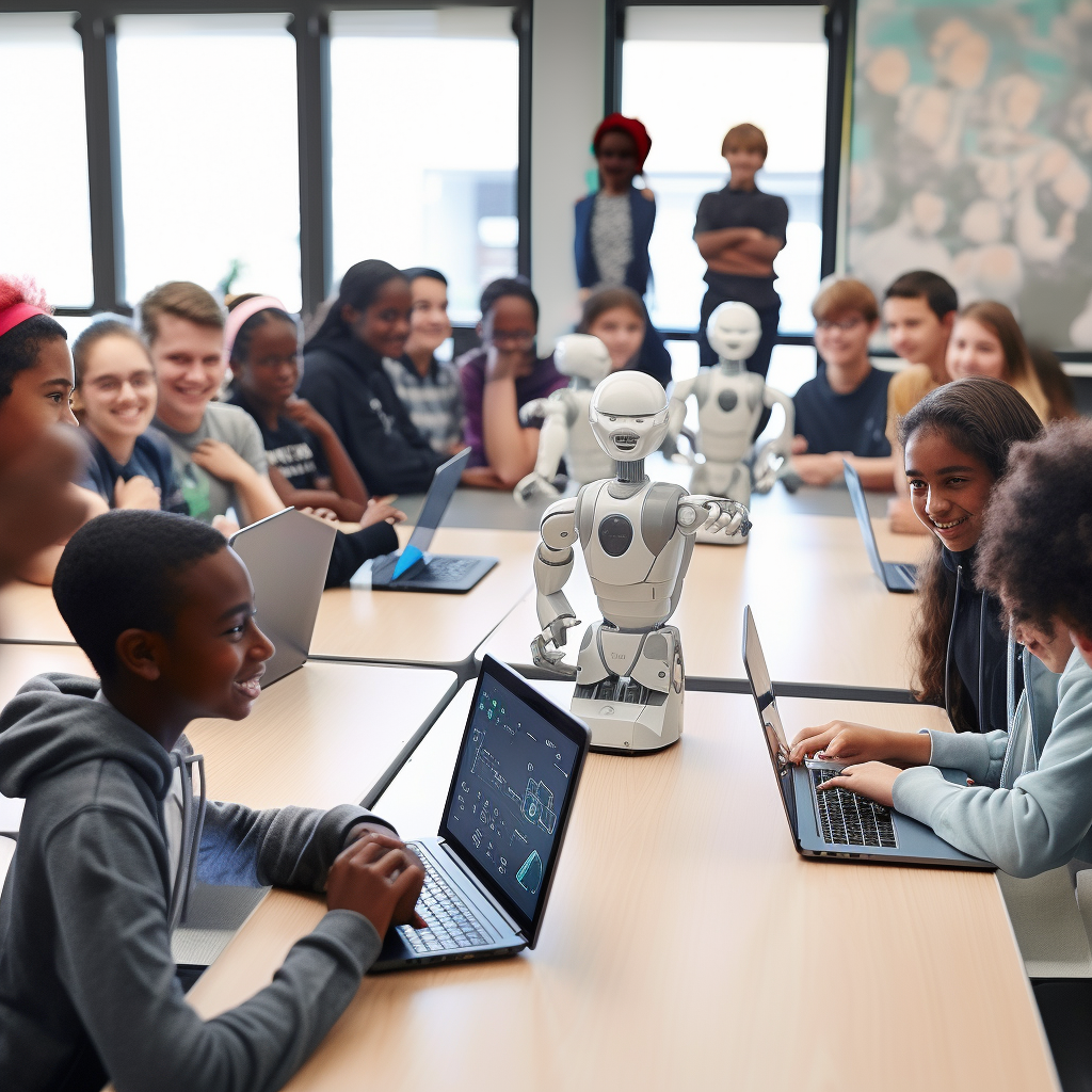 students and robots in a classroom