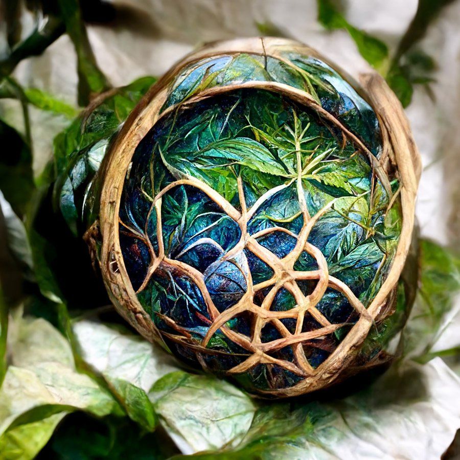 sphere of vines and leaves, setting on leaves