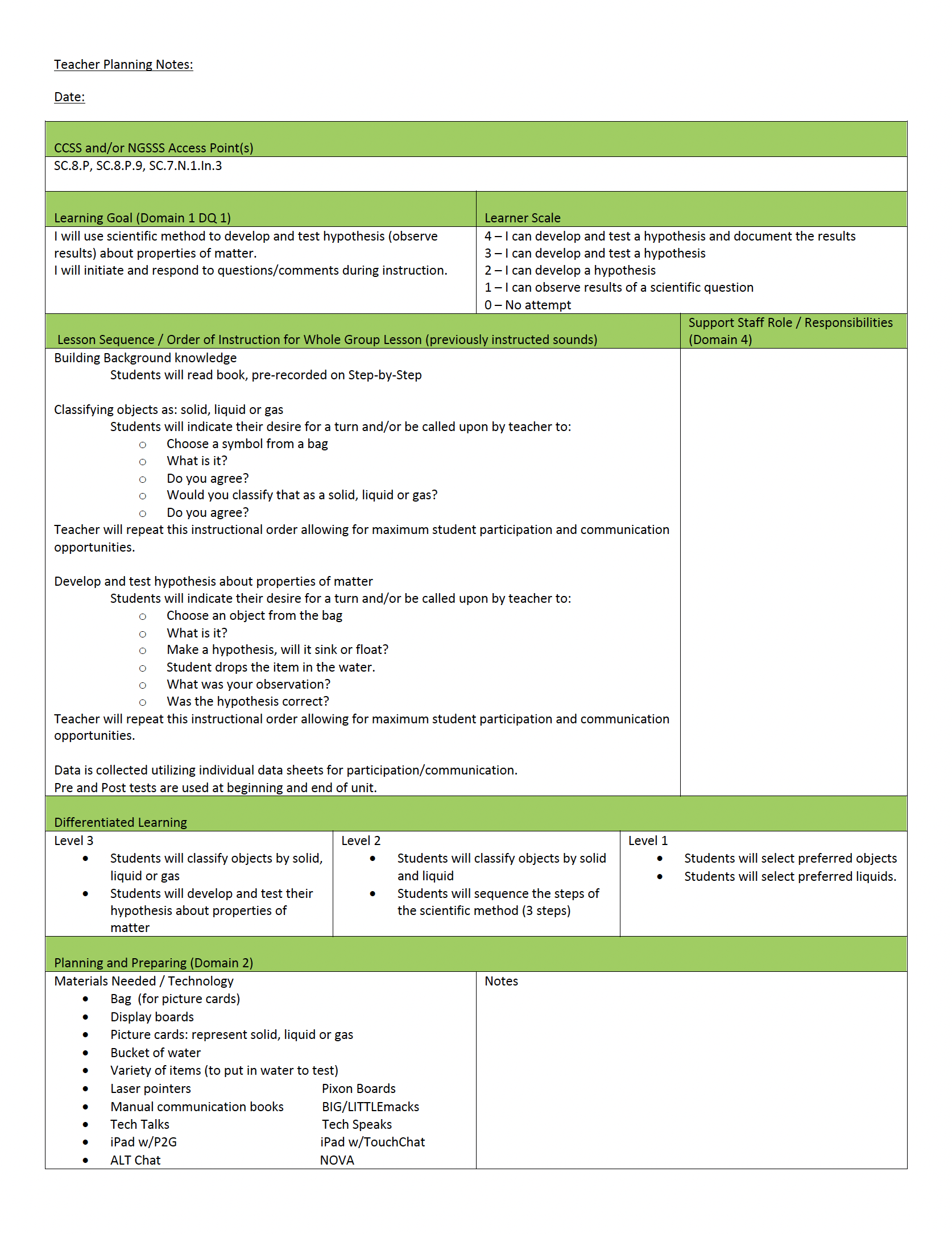 Teacher Planning Notes