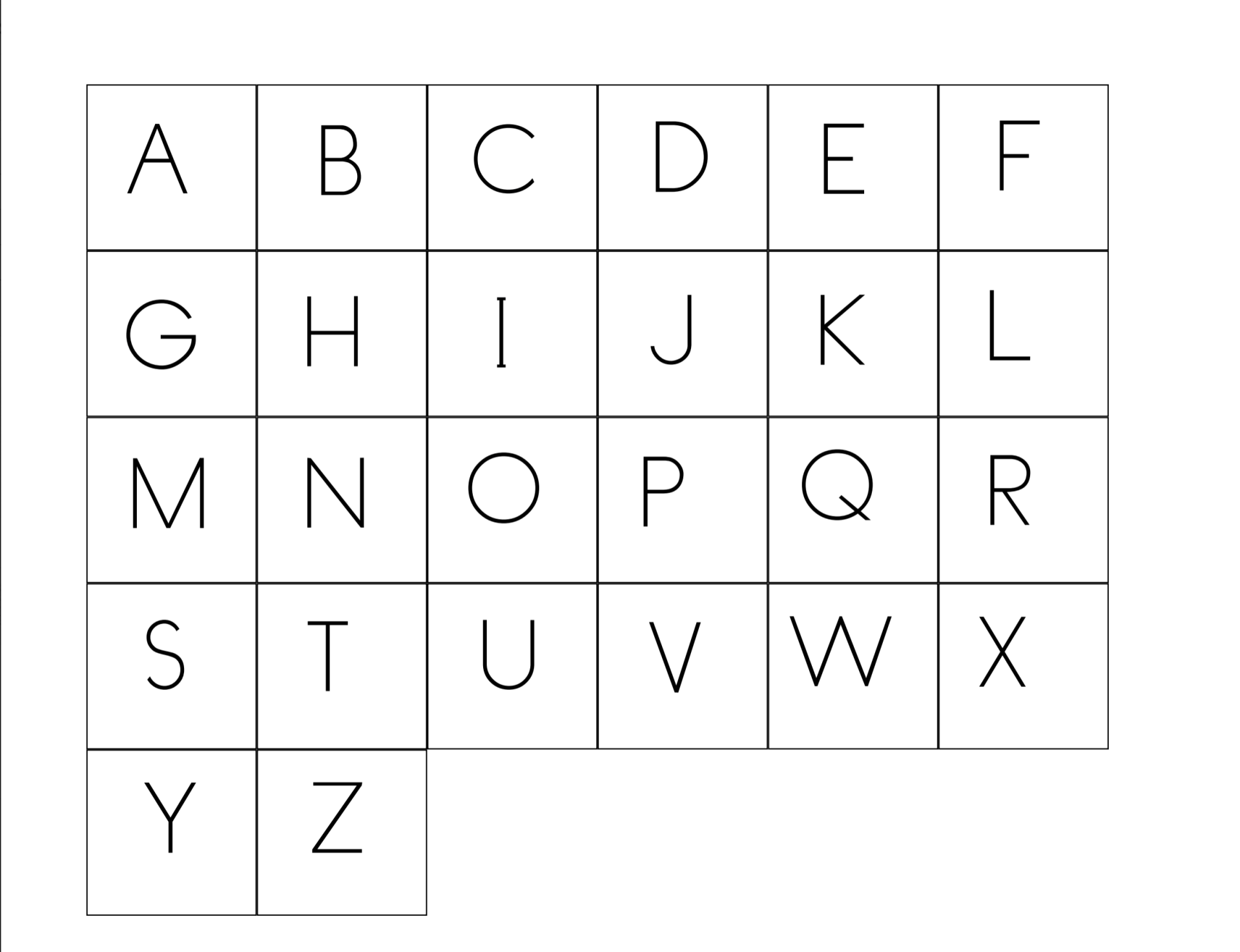 The alphabet, A through Z, each letter written individually in its box.  