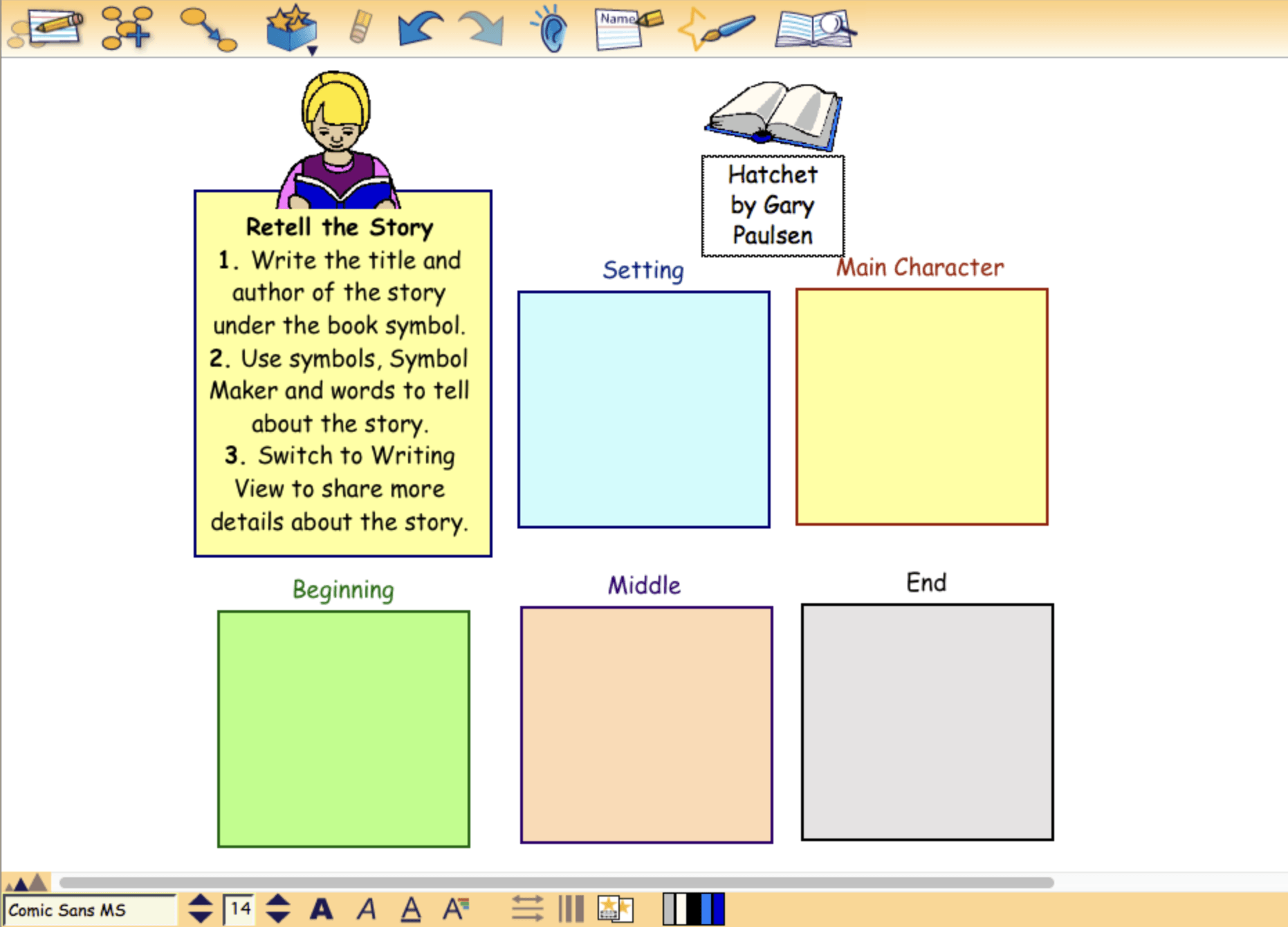 A graphic organizer that retells the story. There are six boxes: the first one says to retell the story, then the setting, main character, beginning, middle, and end. 