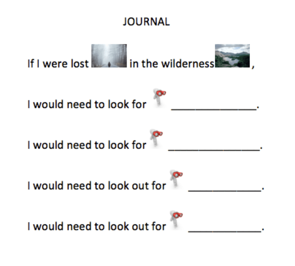 Screenshot of sentences:  If I were lost in the wilderness, I would need to look for, and I would need to look out for. 