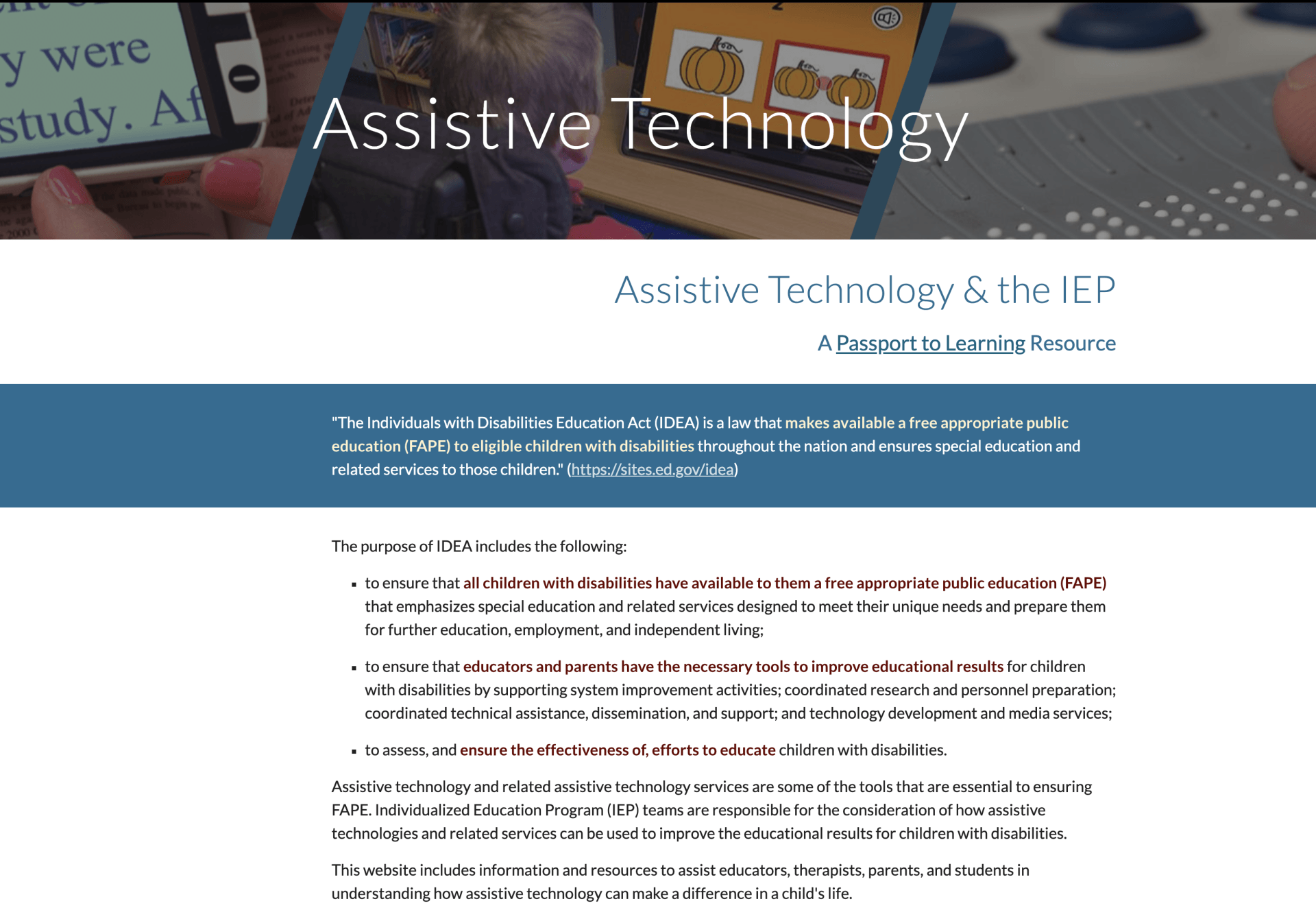 Screenshot of Assistive Technology and the IEP Website