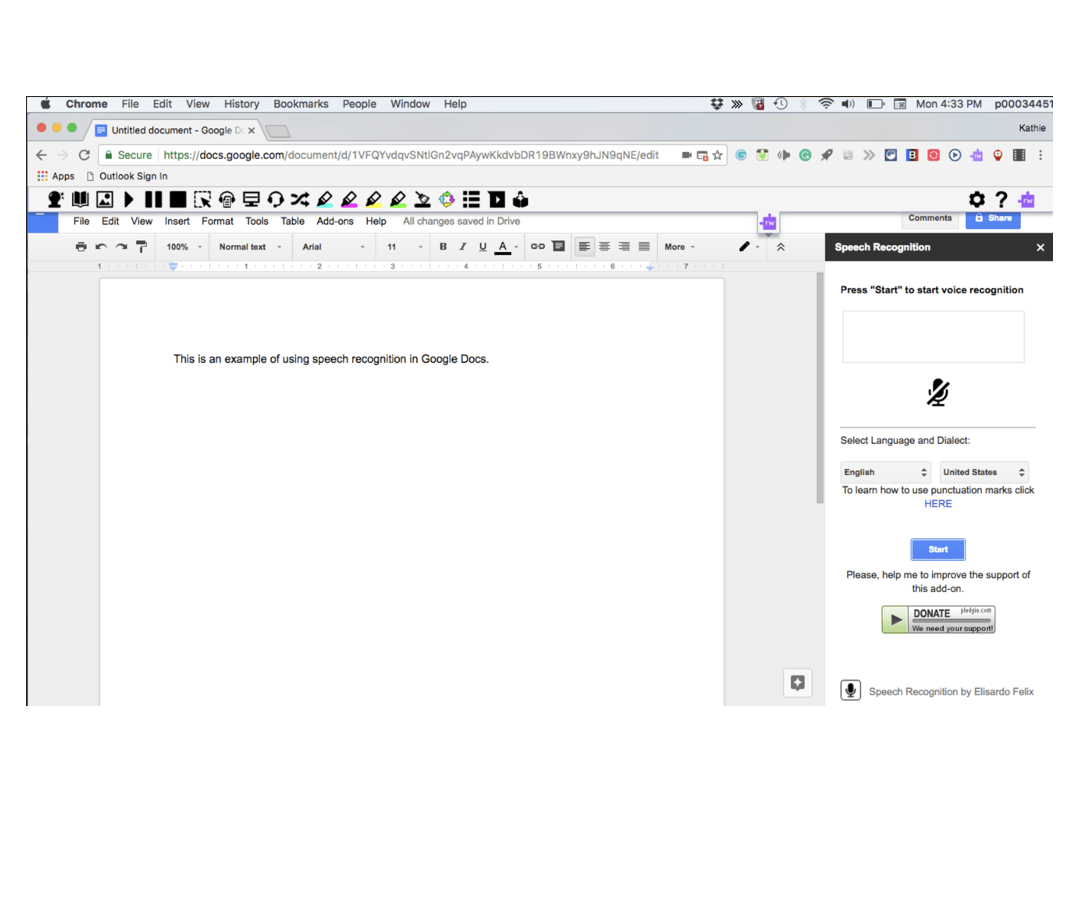 Screenshot of Google Docs page. The page says This is an example of using speech recognition in Google Docs. 