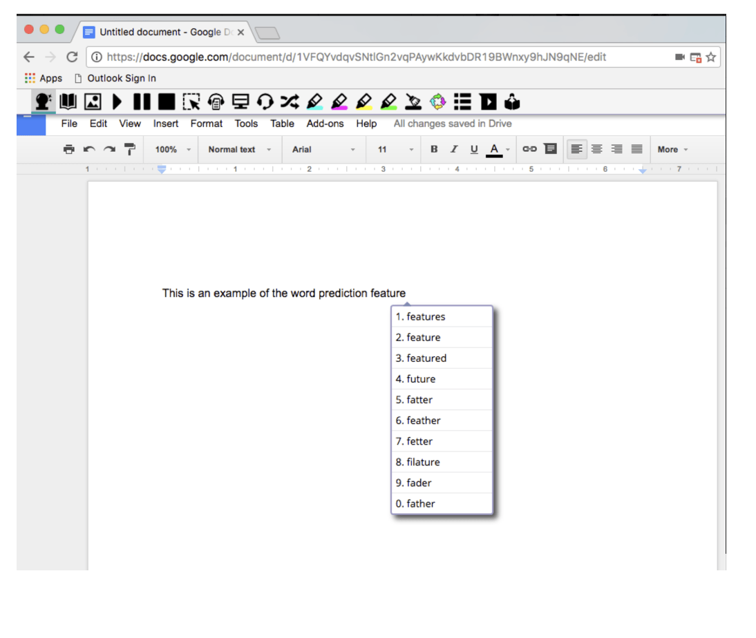 A screenshot of Google Docs on the page says this is an example of the word prediction feature, with a drop-down menu listing the words features, feature, featured, future, fatter, feather, fetter, filature, fader, and father. 