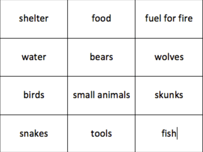 A text response on a three-by-four board filled with the words: shelter, food, fuel for fire, bears, wolves, birds, small animals, skunks, snakes, tools,  and fish.  