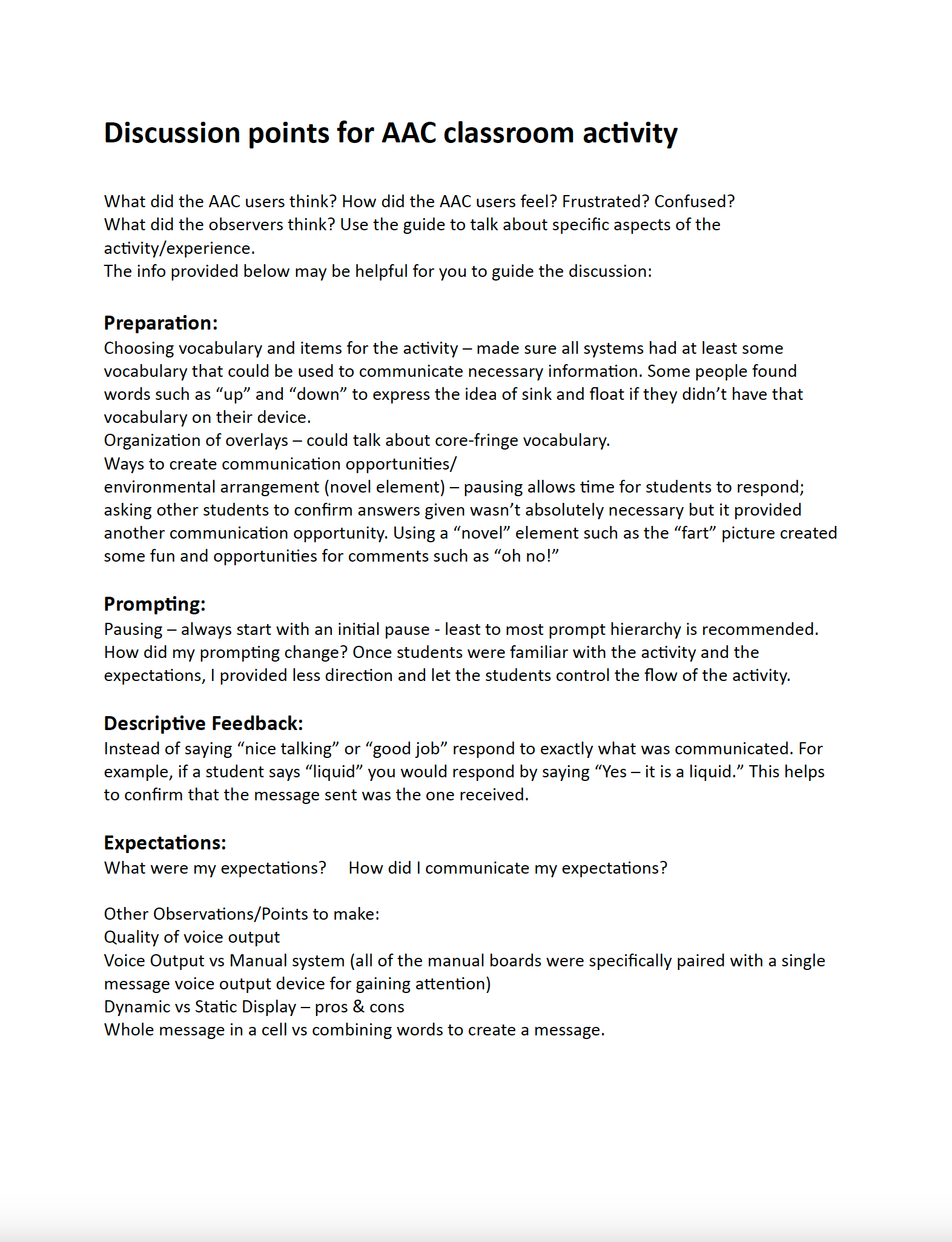 Discussion Points for AAC Classroom activity