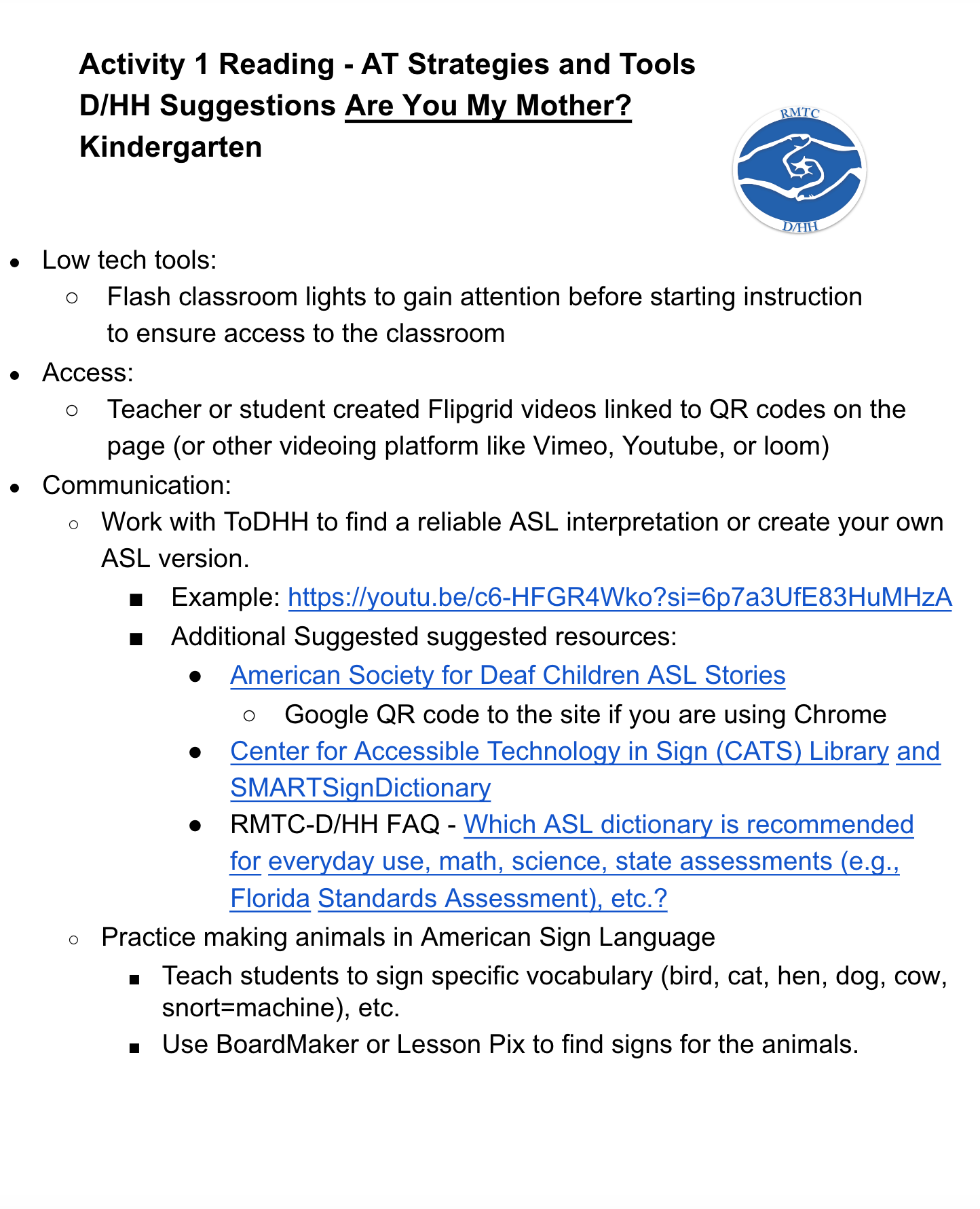 AT Strategies and Tools D/HH Suggestions