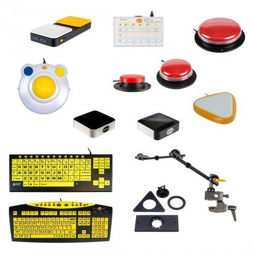 selection of computer access devices such as switch systems, mounting arms, and keyboards