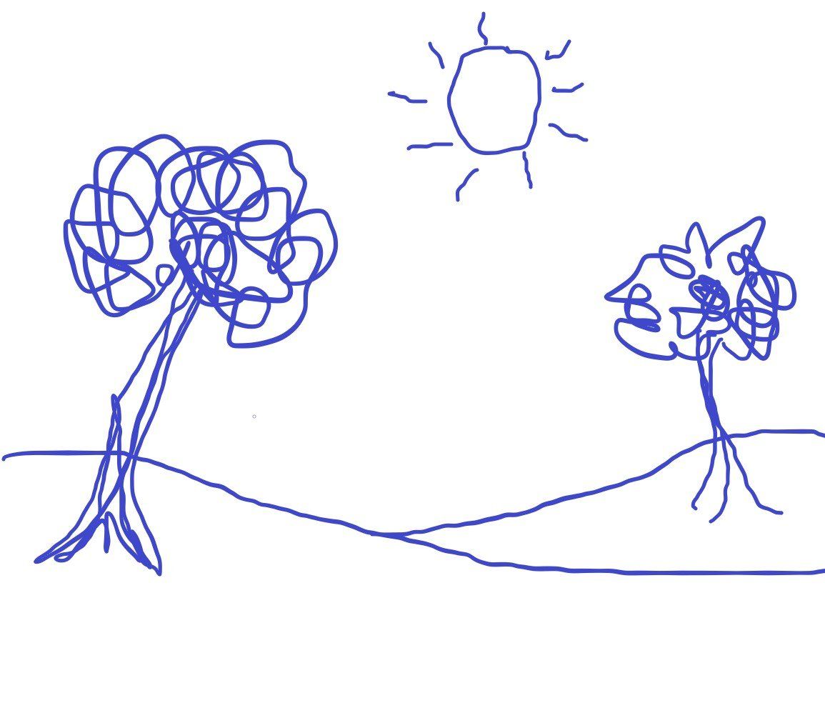 a very rough line drawing of sloping fields with two trees and a sun in the sky