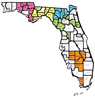Map of the school districts in Florida with the small and rural districts color coded by region.