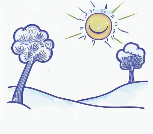 a drawing of a sloping field with two trees and a sun in the sky