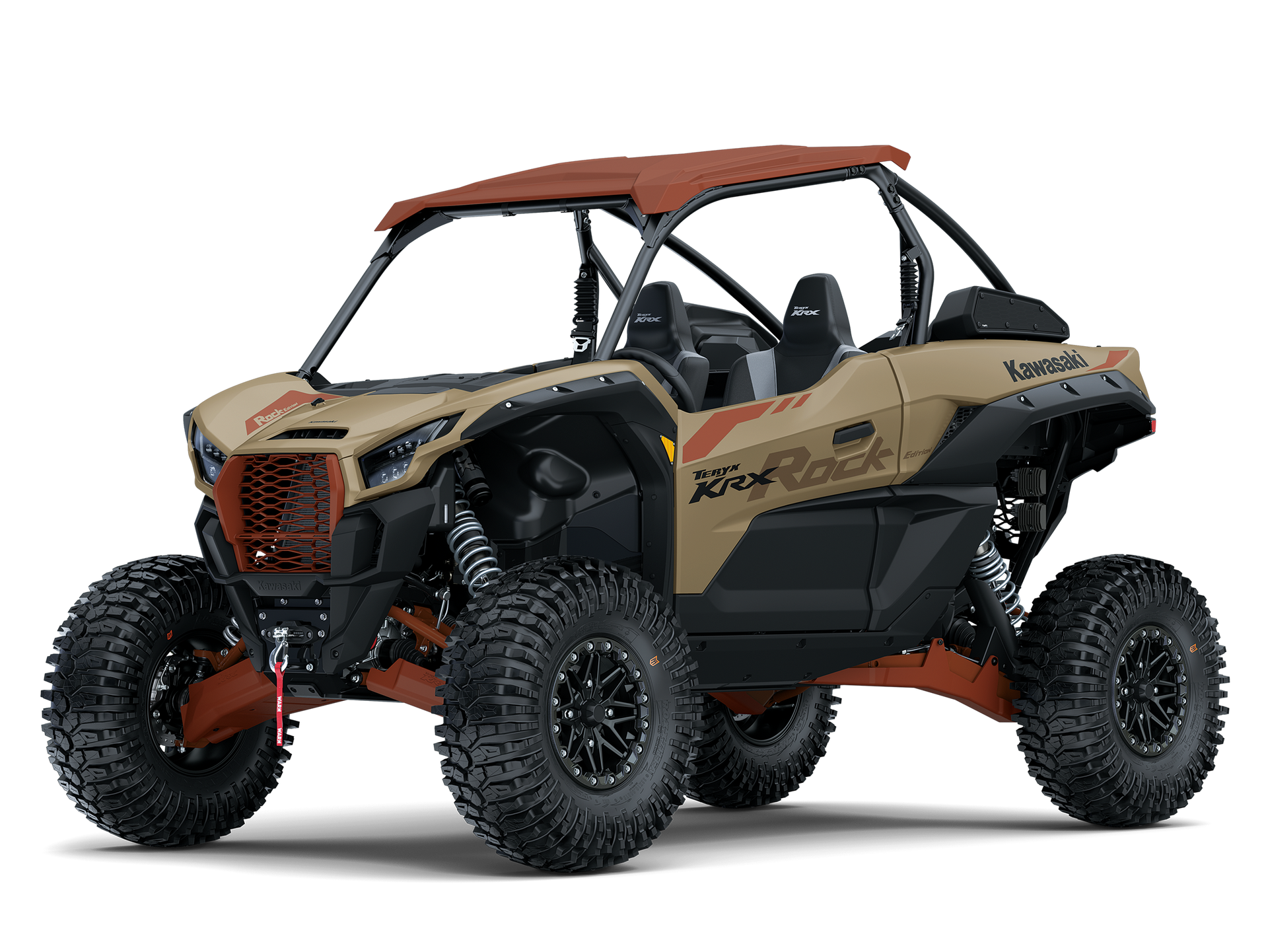 Black Kawasaki side-by-side UTV with rugged tires, roll cage, and brush guard, angled on a white background.