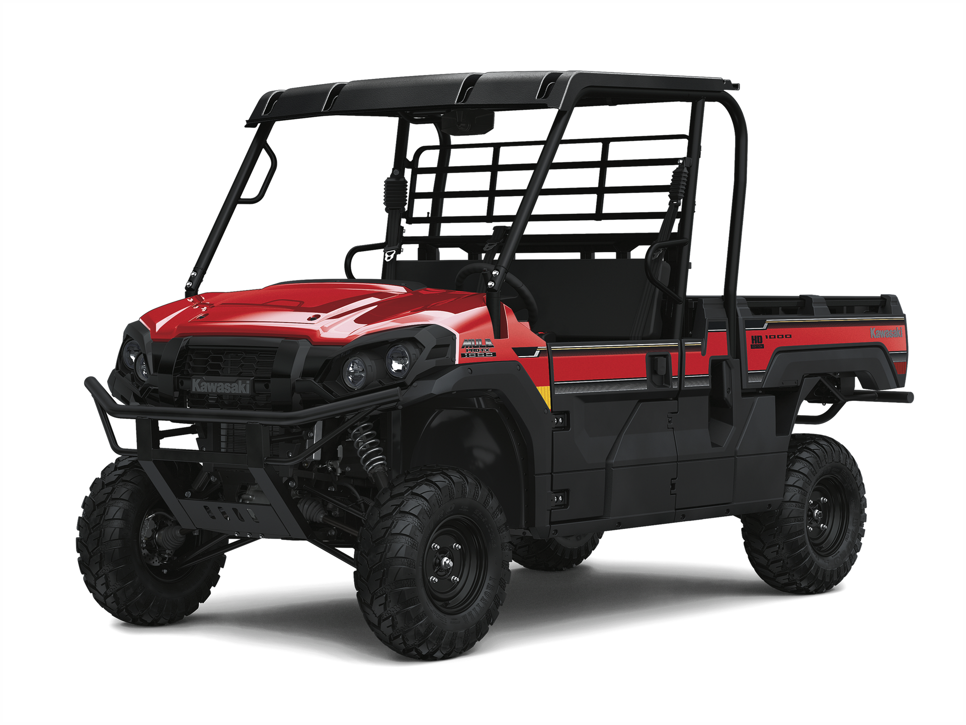 Red and black Kawasaki Mule utility vehicle with black roll cage, on a white background.