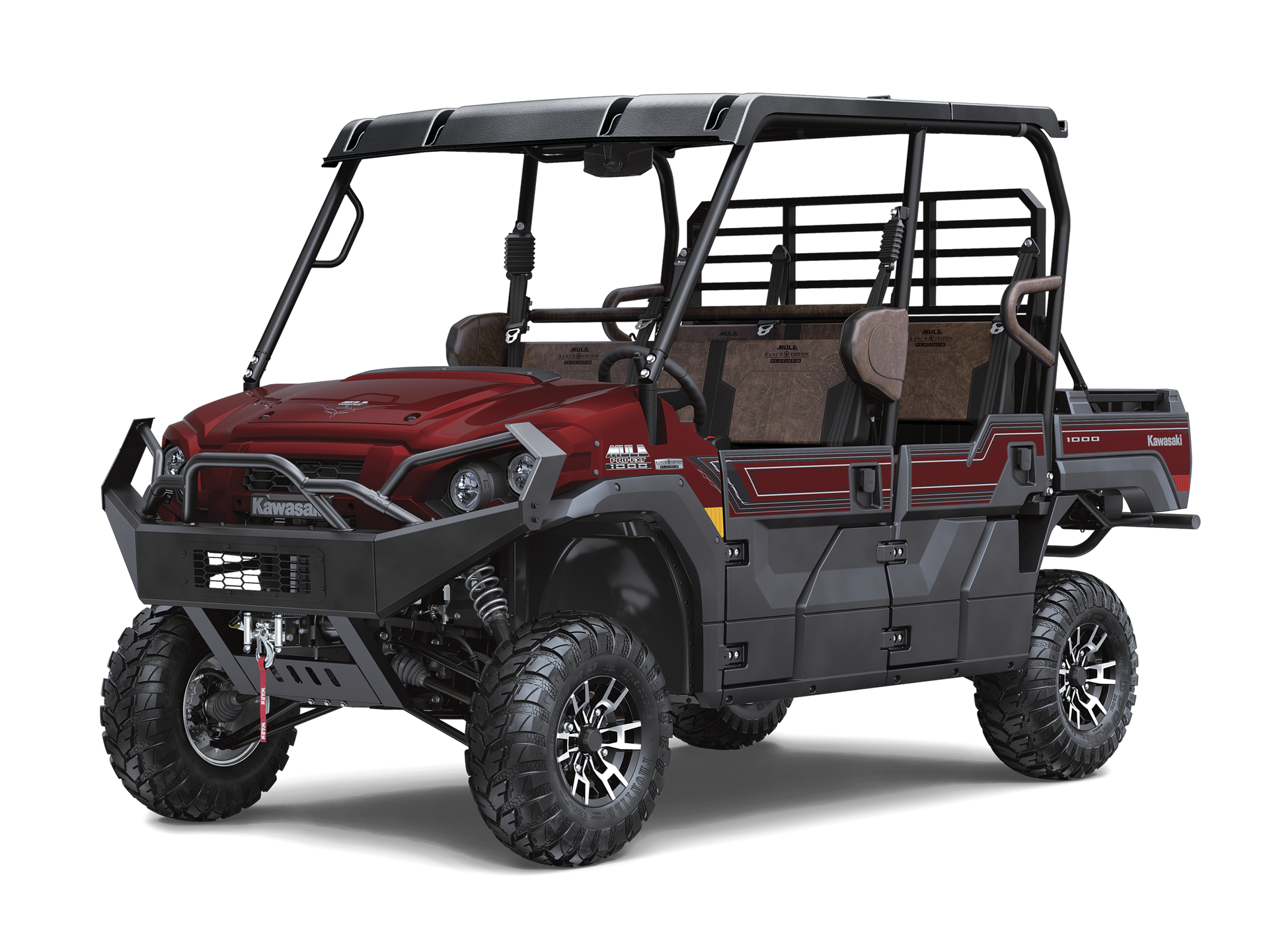 White and black utility vehicle with roll cage, brown interior, black tires, on a black background.