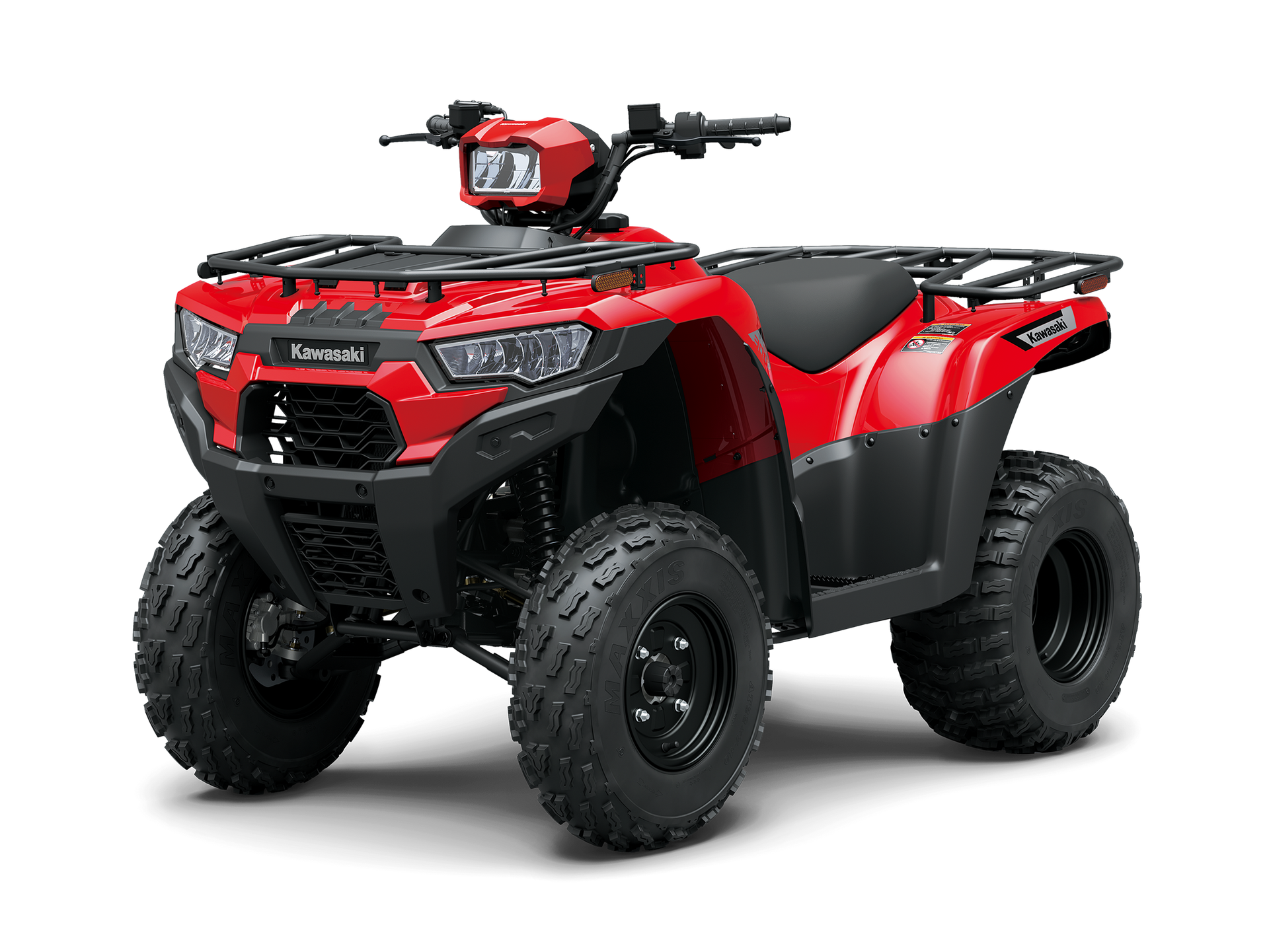 Dark gray Kawasaki ATV with cargo racks, on a white background.