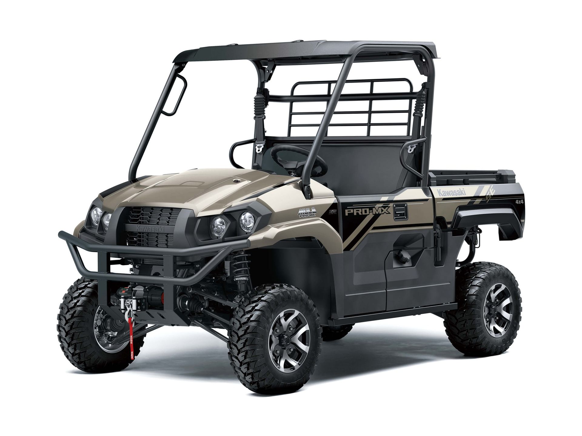 Tan and black Kawasaki utility vehicle on a white background, viewed from the front.