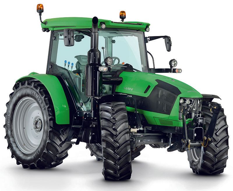 Green Deutz-Fahr tractor with black details, parked on a surface, front view, in a well-lit environment.