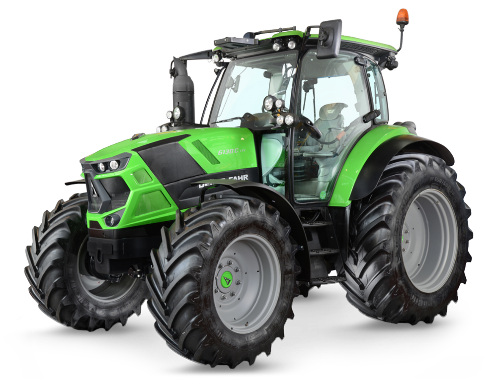 Green Deutz-Fahr tractor with large tires, parked, angled front view.