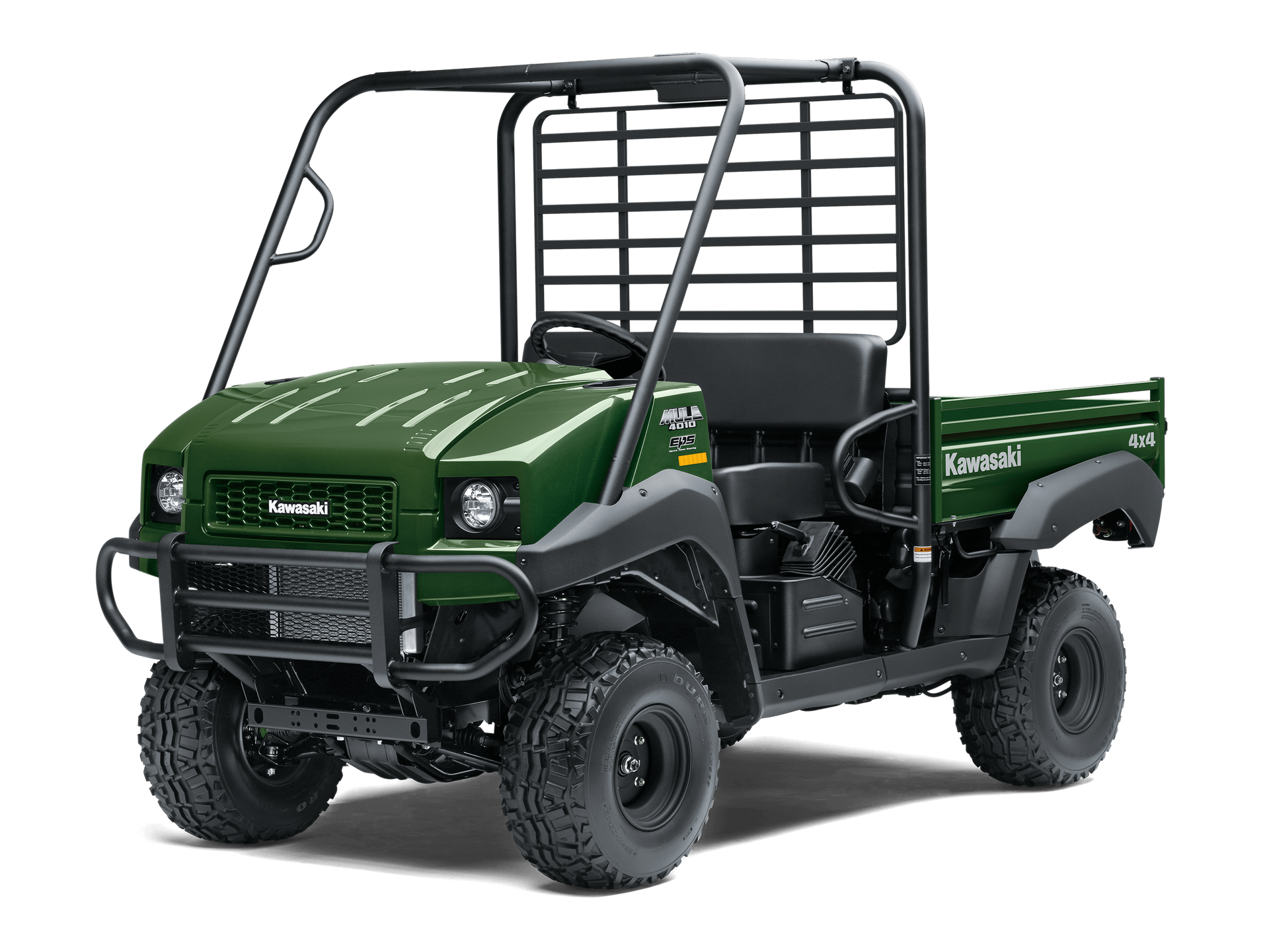 Green Kawasaki MULE utility vehicle on white background.