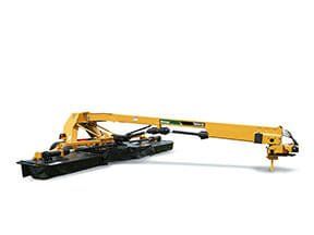 Yellow boom mower, attached to a black base, extends horizontally.