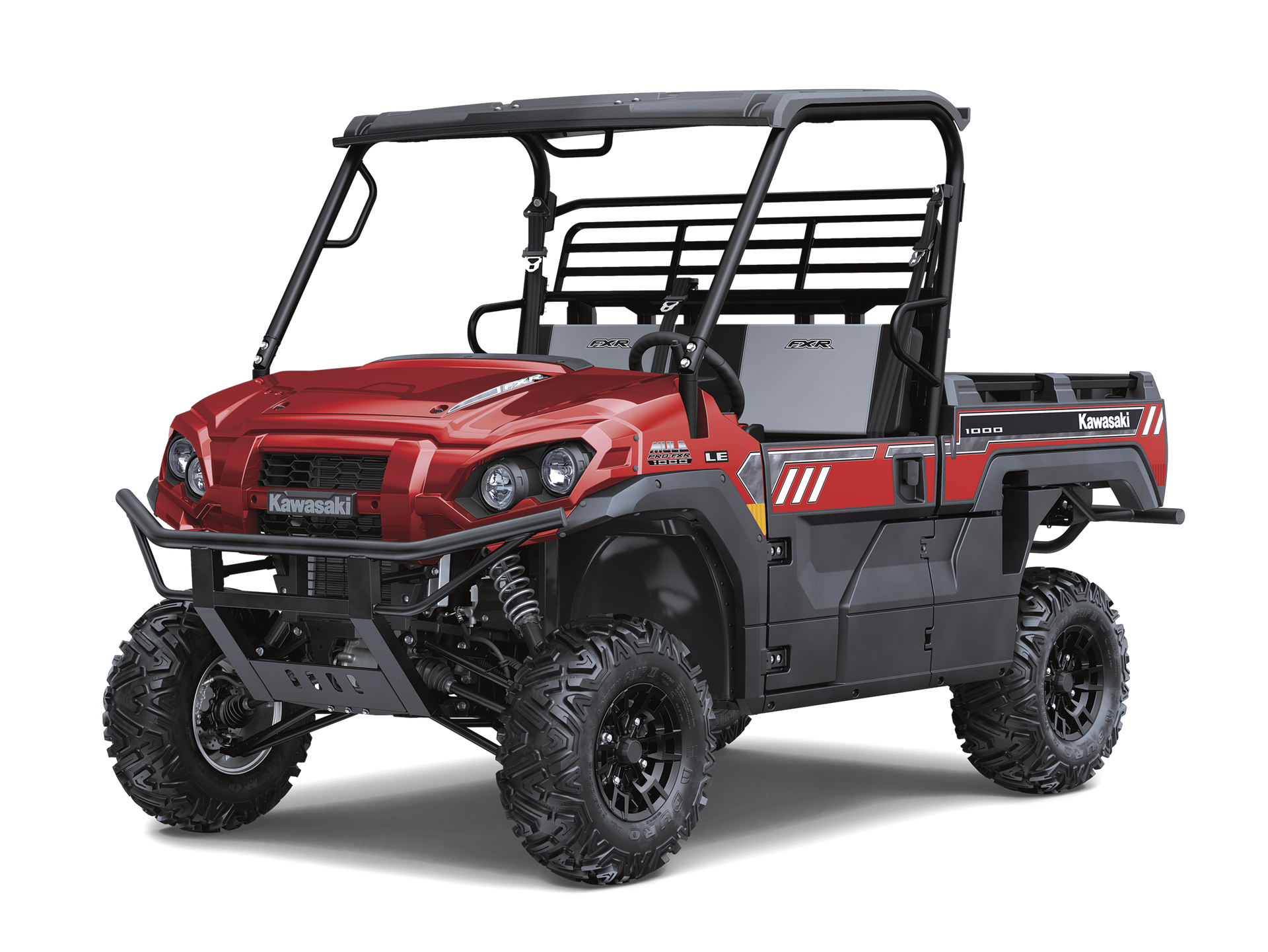 Silver Kawasaki Mule side-by-side utility vehicle with black wheels and roll cage against a black background.