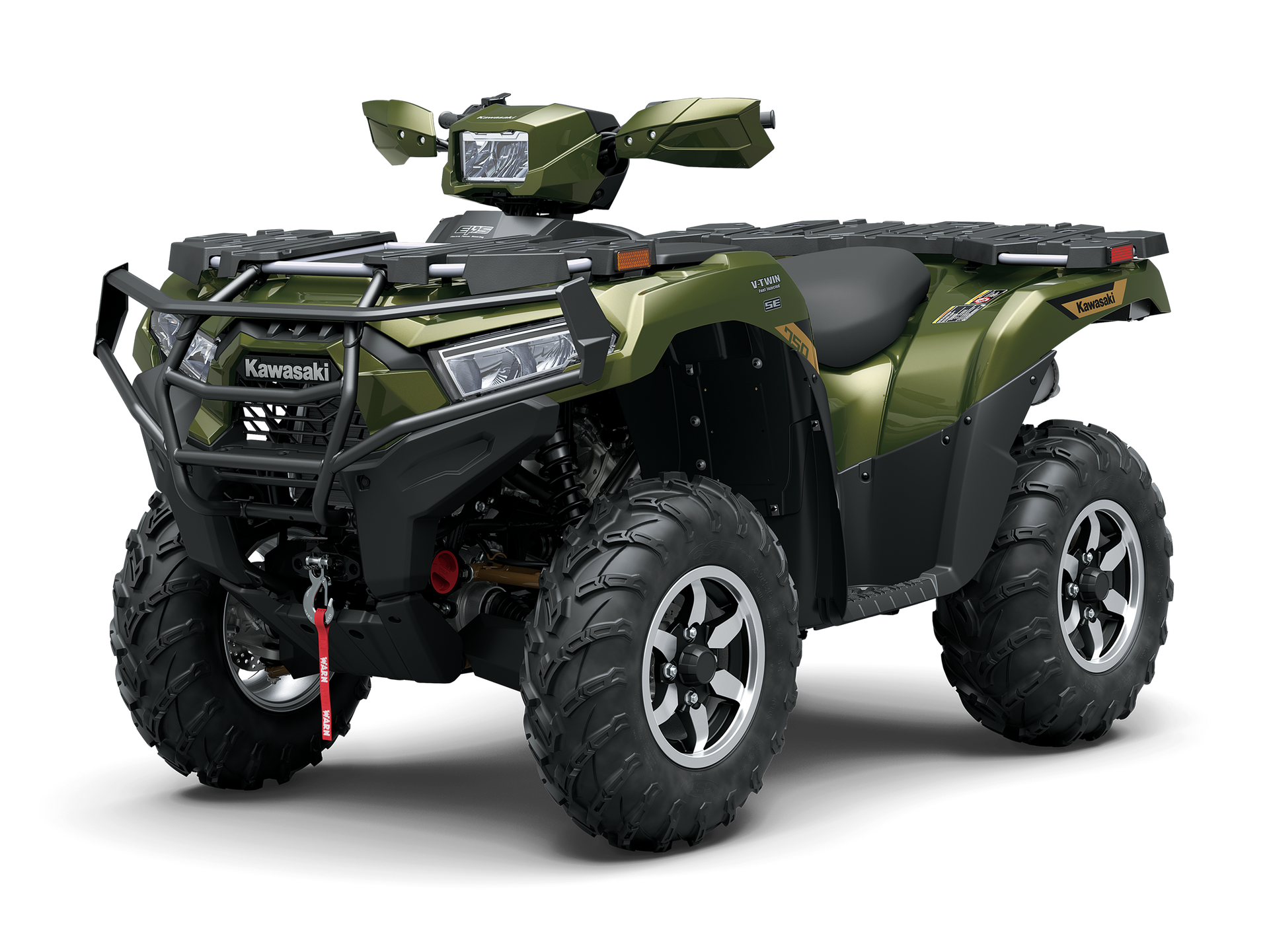 Camouflage Kawasaki ATV on a white background.