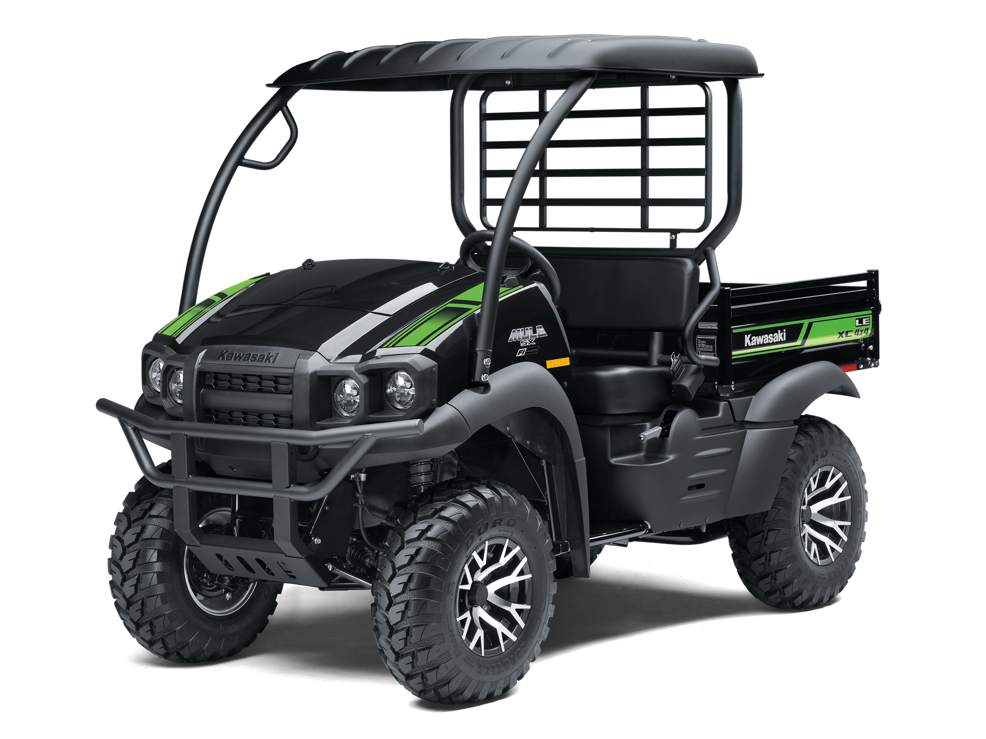 Gray and green Kawasaki utility vehicle with a black roof and roll cage, parked outside.