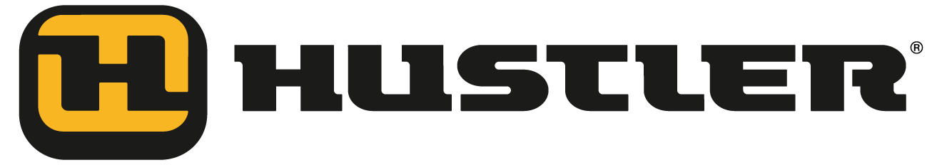 Hustler Equipment logo, featuring a yellow H inside a black box, and the black text HUSTLER.