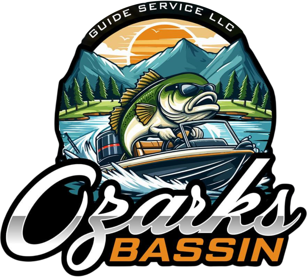 A logo for a guide service llc with a fish in a boat.