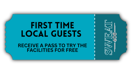 A teal ticket for SWEAT gym offering first-time local guests a free pass to try the facilities.